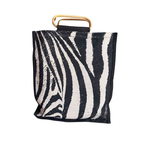 Retro Exotic Zebra Black, Gray & White Wooden Handles Women’s Tote Shoulder Bag - Picture 9 of 9